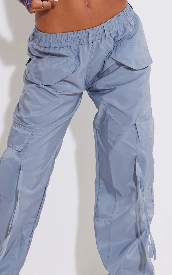 Pantalon Droit Cargo En Nylon Léger Gris à Nouer – Image 4