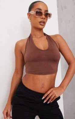 Top Basique Moulant Dos Nu Marron à Col Rond
