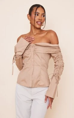 Blouse Boutonnée Taupe En Coton à Col Bardot Et Manches Froncées