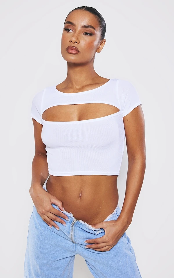 Crop Top Côtelé Découpé Blanc à Manches Courtes