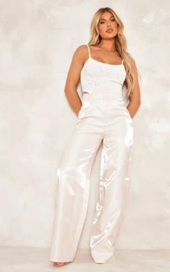 Pantalon Taille Haute En Maille Tissée Crème Irisée