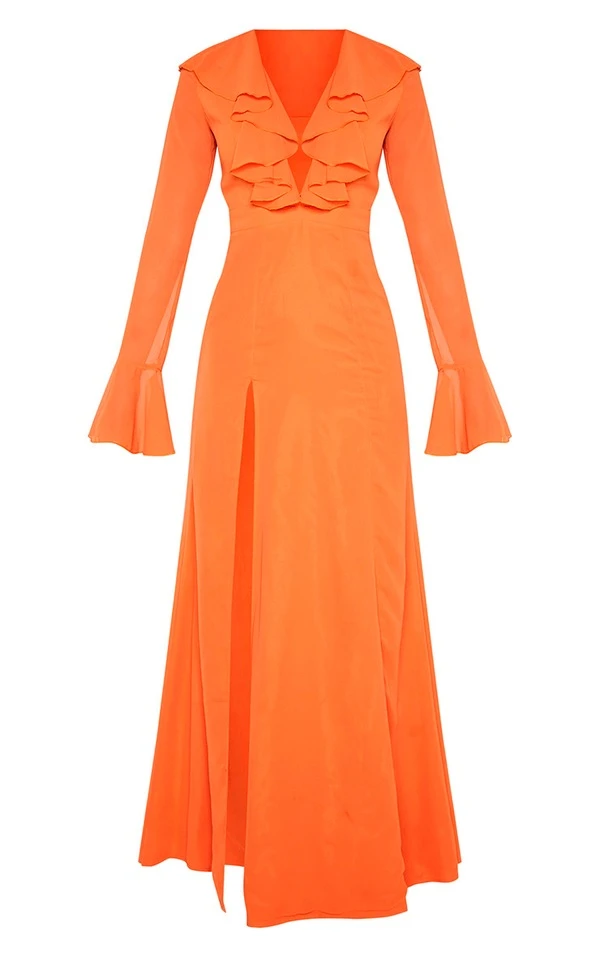 Robe Longue Orange Vif à Décolleté Plongeant Volanté – Image 3