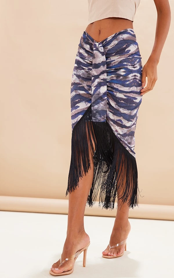 Jupe Mi-longue Marron à Imprimé Tigre Et Ourlet Frangé – Image 2