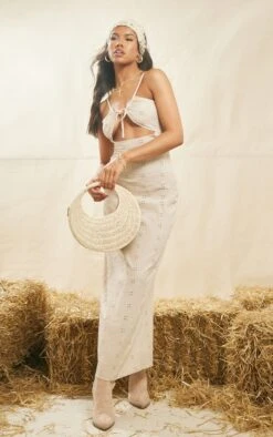 Robe Longue Brodée Gris Pierre à Devant Noué