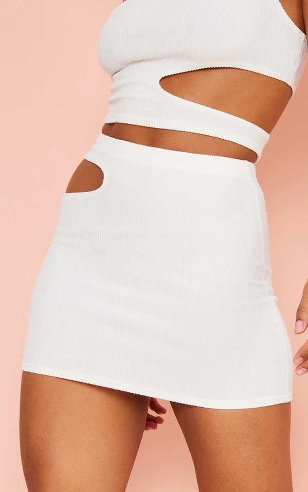 Logic Mini Jupe Crêpée Côtelée Crème Découpée Sur La Taille – Image 5