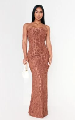 Robe Longue Bustier Texturée Marron Chocolat Métallisée à Dos Bénitier