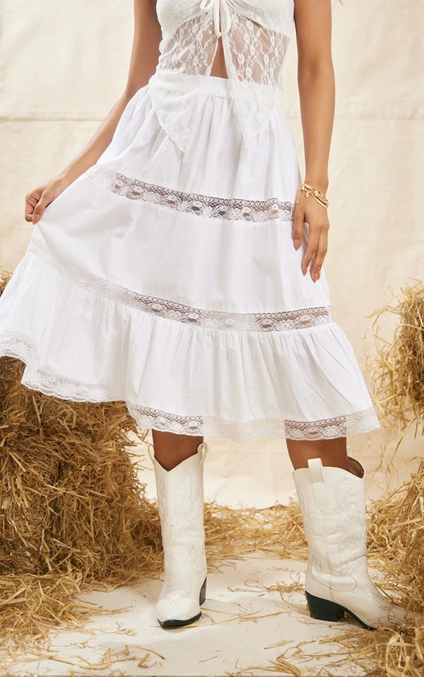 Jupe Mi-longue En Coton Blanc à Taille élastique Et Parties En Dentelle – Image 2