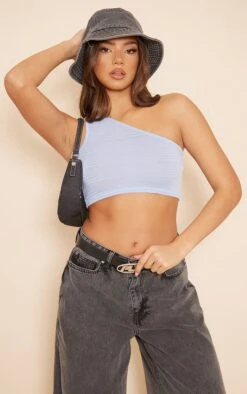 Crop Top Finement Texturé Bleu-gris Asymétrique