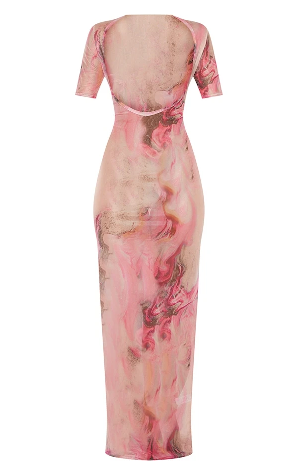 Robe Longue Rose En Mesh Javélisé à Manches Courtes Et Encolure Ronde – Image 3