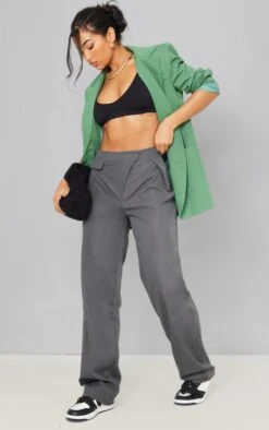 Pantalon Large Tissé Gris à Bande Taille Asymétrique