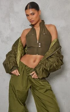 Crop Top Tissé Kaki Sans Manches à Zip Et Col Montant