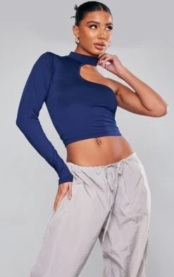 Crop Top Moulant Asymétrique Bleu Marine Mat