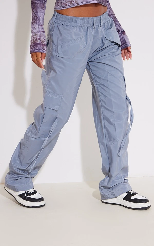 Pantalon Droit Cargo En Nylon Léger Gris à Nouer – Image 2