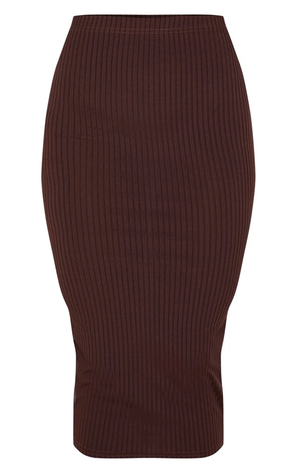 Jupe Taille Haute Mi-longue Marron Côtelée – Image 3