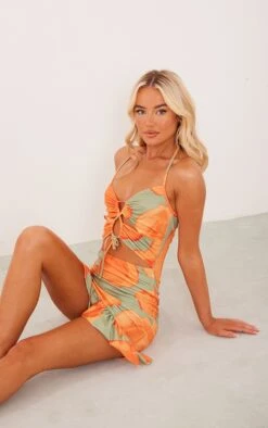 Robe Droite Dos Nu Imprimé Vase Orange à Ourlet Volanté Et Découpes