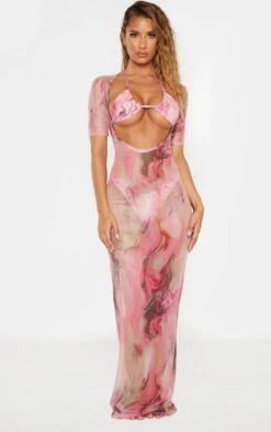 Robe Longue Rose En Mesh Javélisé à Manches Courtes Et Encolure Ronde