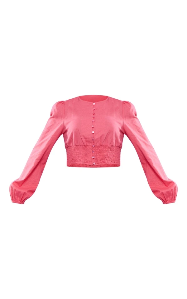 Blouse Froncée Rose Effet Lin à Boutons Et Manches Ballon – Image 5