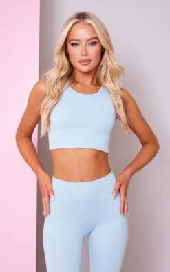 Crop Top Structuré Côtelé Bleu Sans Manches Détail Contours