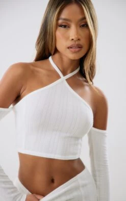 Crop Top Texturé Blanc Dos Nu à épaules Dénudées