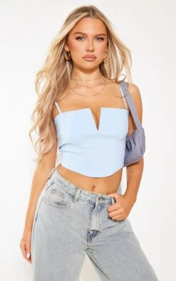 Crop Top En Maille Tissée Stretch Bleu Ciel à Décolleté
