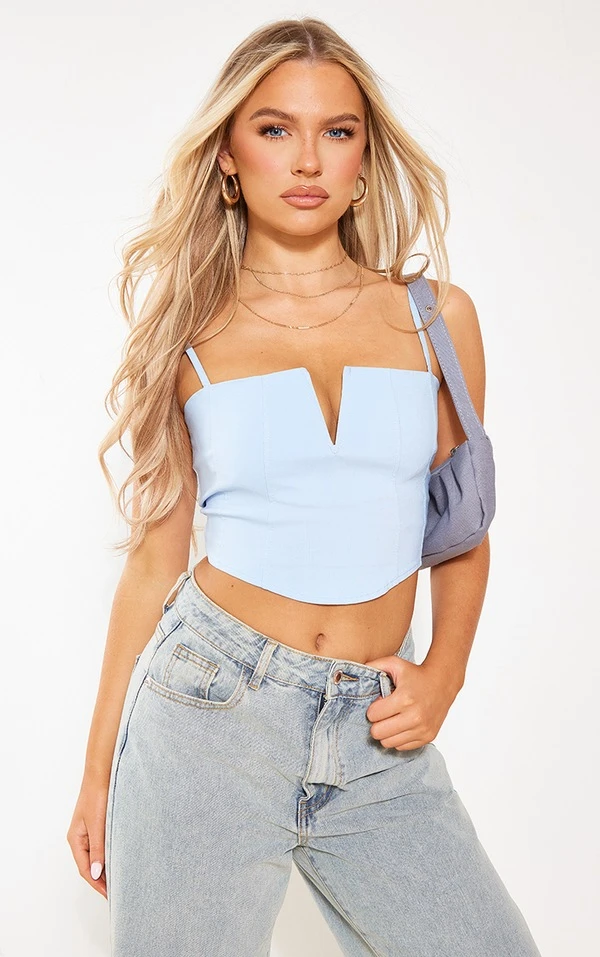 Crop Top En Maille Tissée Stretch Bleu Ciel à Décolleté