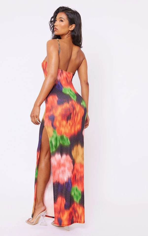 Robe Longue Asymétrique En Mesh Dévoré Multicolore Imprimé Fleurs Floues – Image 2