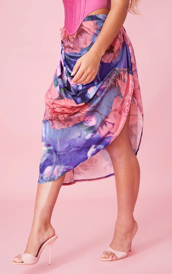 Jupe Mi-longue Violette à Imprimé Fleuri Et Fronces Sur Le Côté – Image 2