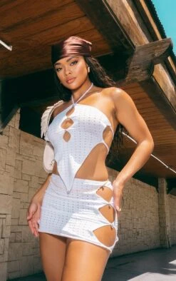 Jupe En Maille Tricot Pointelle Découpée Blanche à Strass