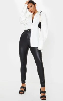Pantalon Skinny Noir Imitation Cuir à Bouton Noir
