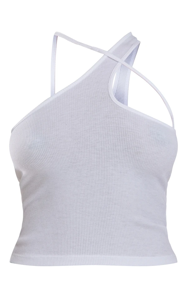 Crop Top Côtelé Doux Asymétrique Blanc Détail Bretelle – Image 5