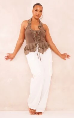 Plus Blouse Vert Olive à Volants Et Devant Noué