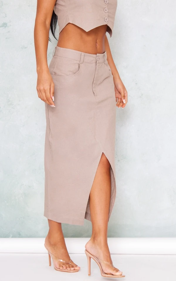 Jupe Fendue Mi-longue En Effet Lin Taupe – Image 2