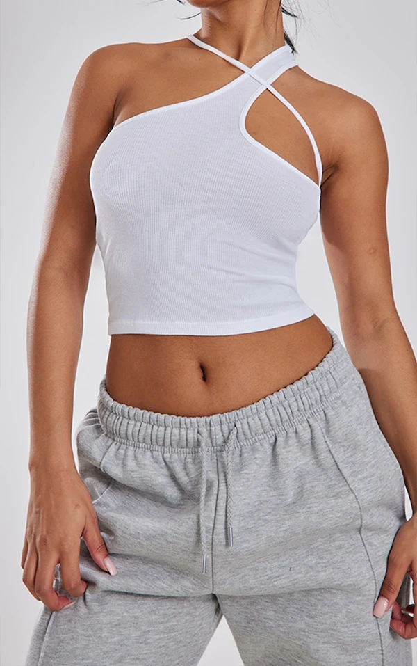 Crop Top Côtelé Doux Asymétrique Blanc Détail Bretelle – Image 4