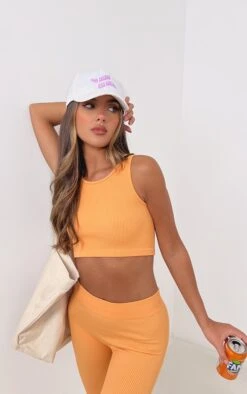 Crop Top Structuré Côtelé Orange Sans Manches Détail Contours