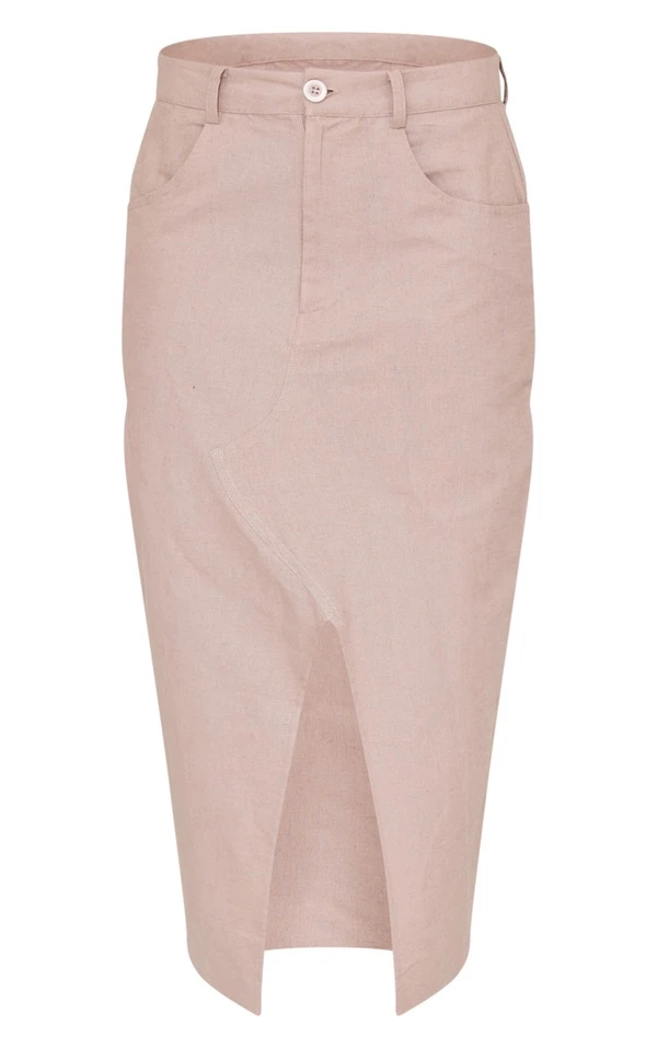 Jupe Fendue Mi-longue En Effet Lin Taupe – Image 5