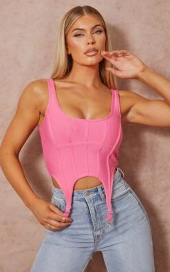 Crop Top Bandage Structuré Rose Bonbon à Ourlet Style étriers