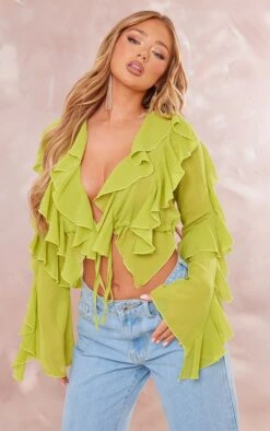 Blouse Vert Citron Clair Très Volantée Devant à Manches évasées
