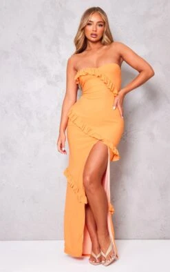 Robe Longue Bustier Orange à Fente Et Volants