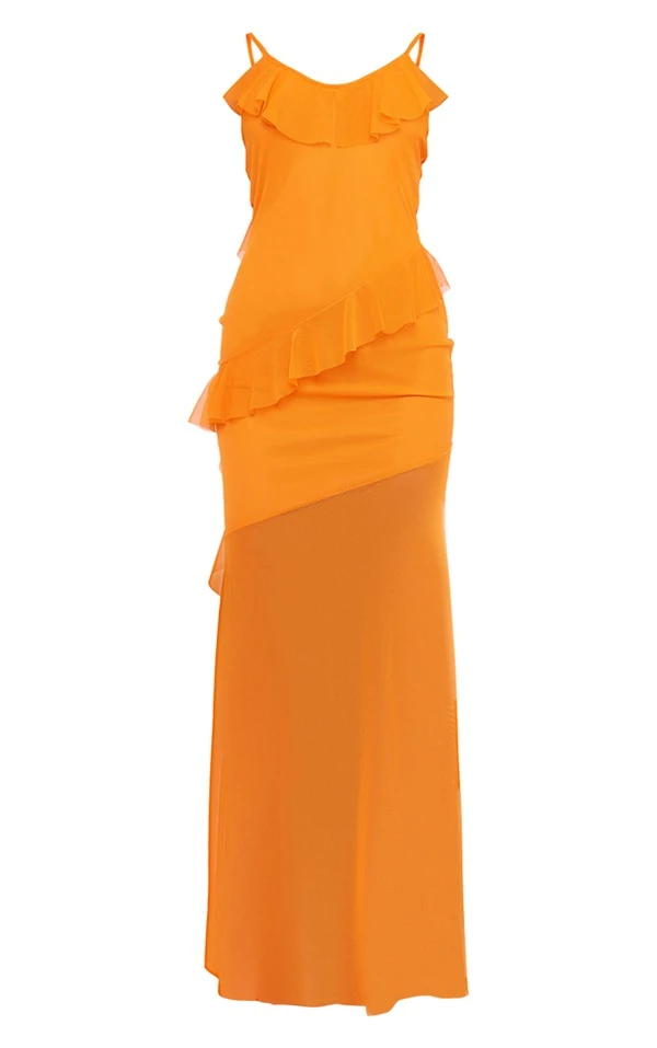 Robe Longue Orange En Mesh Drapé Volanté à Bretelles – Image 5