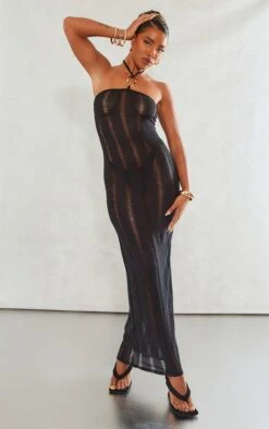 Robe Longue Texturée Ajourée Noire à Empiècement