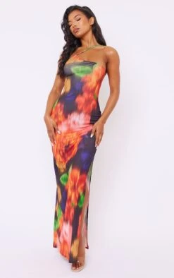 Robe Longue Asymétrique En Mesh Dévoré Multicolore Imprimé Fleurs Floues