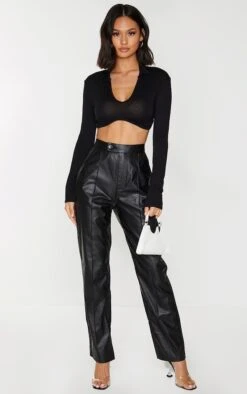 Pantalon Droit En Similicuir Noir à Détail Pinces