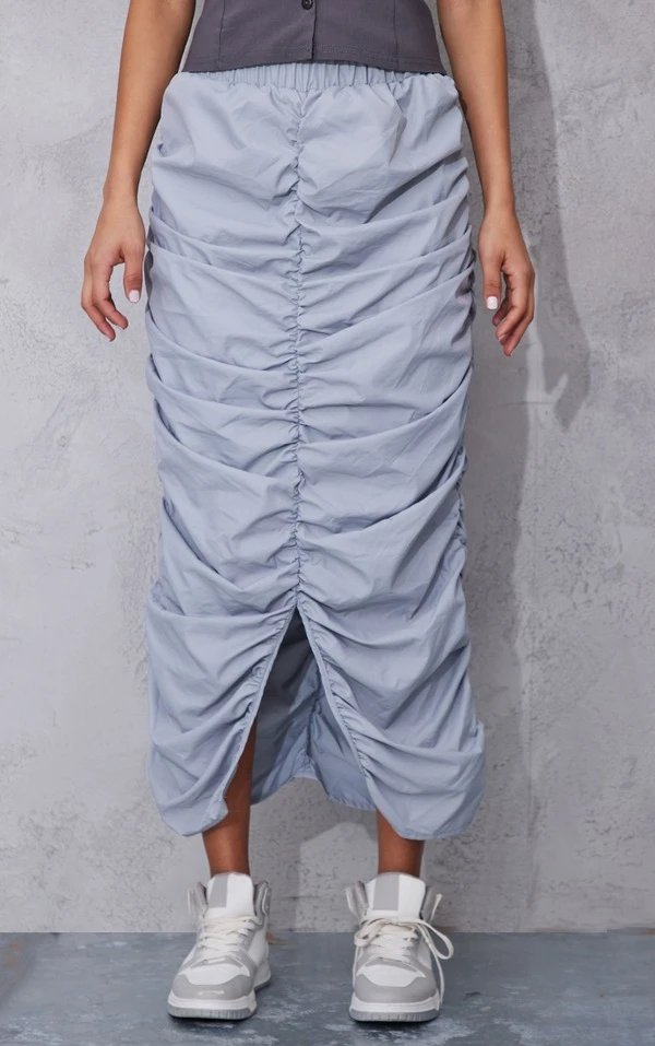 Jupe Mi-longue Froncée En Nylon Gris Clair – Image 2