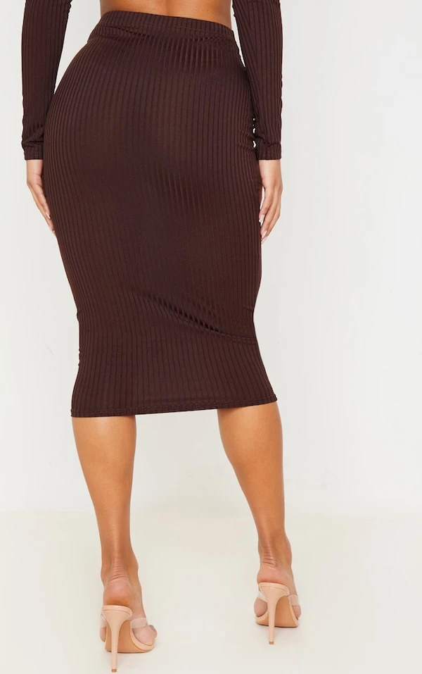 Jupe Taille Haute Mi-longue Marron Côtelée – Image 4