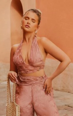 Crop Top Cache-coeur Plissé Mauve à Détail Anneau