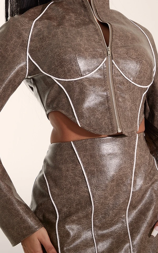 Mini-jupe Taupe à Détail Coutures Contrastantes – Image 5