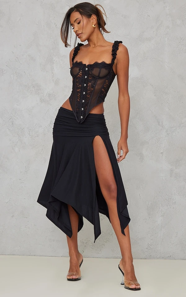 Jupe Mi-longue Douce Noire Asymétrique Froncée