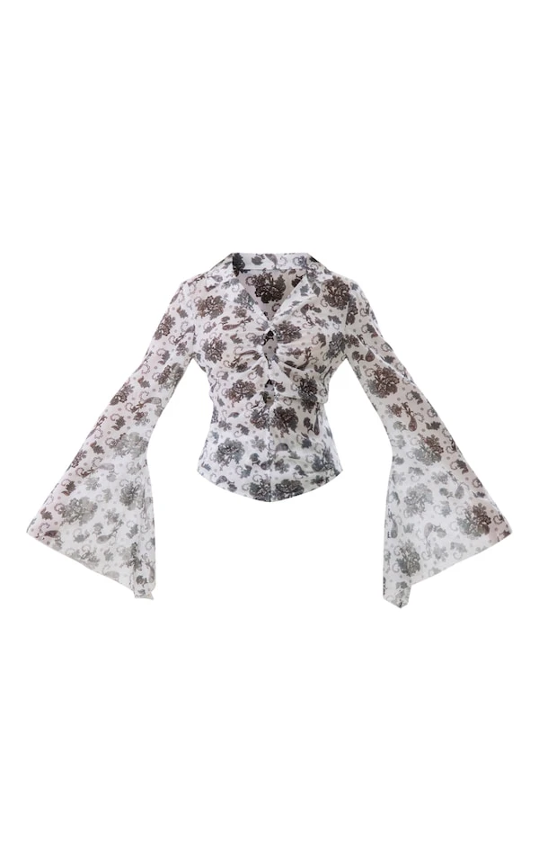 Blouse Ajustée En Mousseline De Soie Noir Imprimé Cachemire Froncée Nouée Devant – Image 5