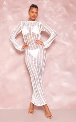 Robe Longue En Maille Tricot Crème à Franges Et Dos Nu