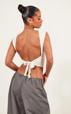 Crop Top En Jersey Crème à Liens Noués Et Contours